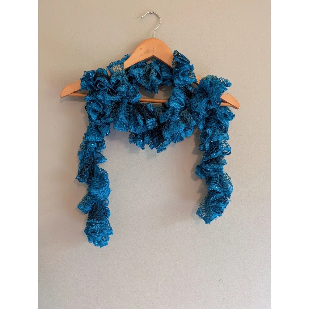 Vintage Y2K Teal Blue Ruffle Crochet Scarf Sequin Knit Curly Boho Accessory